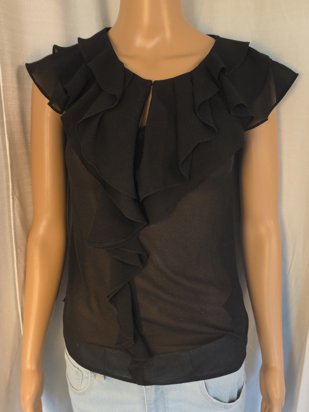 H&M Black Ruffle Front Cap Sleeve Summer Blouse Size 4